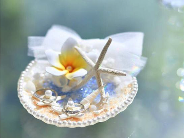 海や貝殻をモチーフにしたリングピローをつかって夏らしい海の日がテーマの結婚式